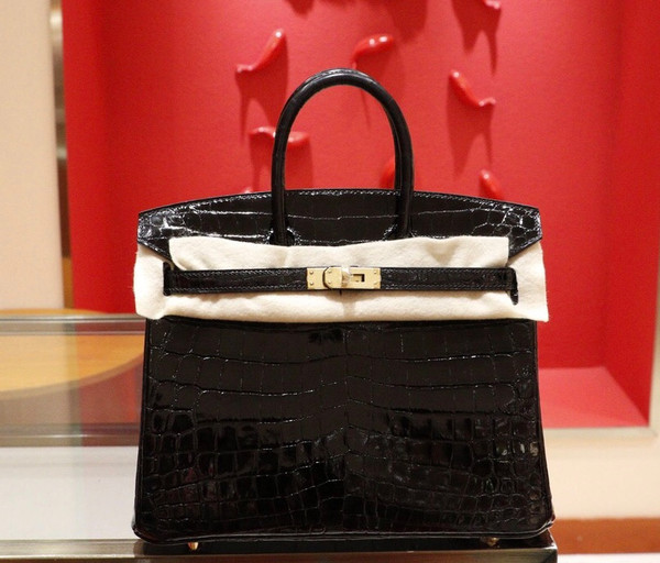 Hermes BLACK Birkin Bag 25cm Shinning Niloticus Crocodile Gold Hardware