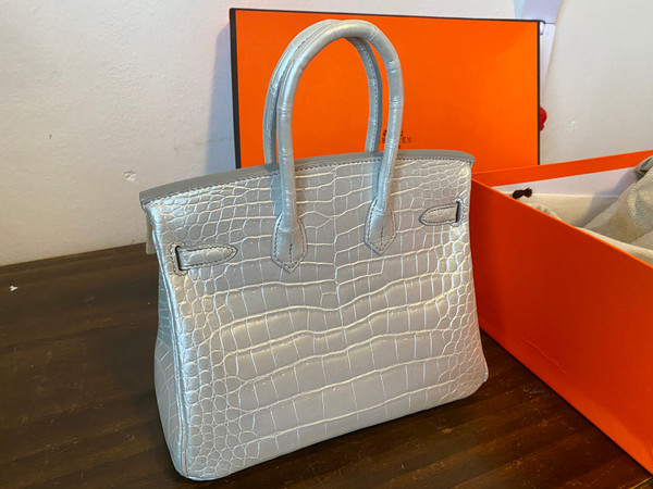 Hermes Rare Silver Birkin Bag 25cm Niloticus Crocodile Palladium Hardware