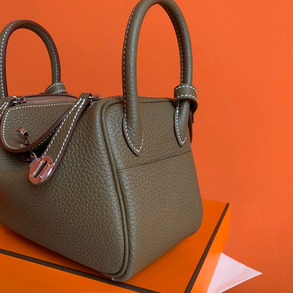 Hermes Mini Lindy 20cm Bag Etoupe Taurillon Clemence Leather Palladium Hardware