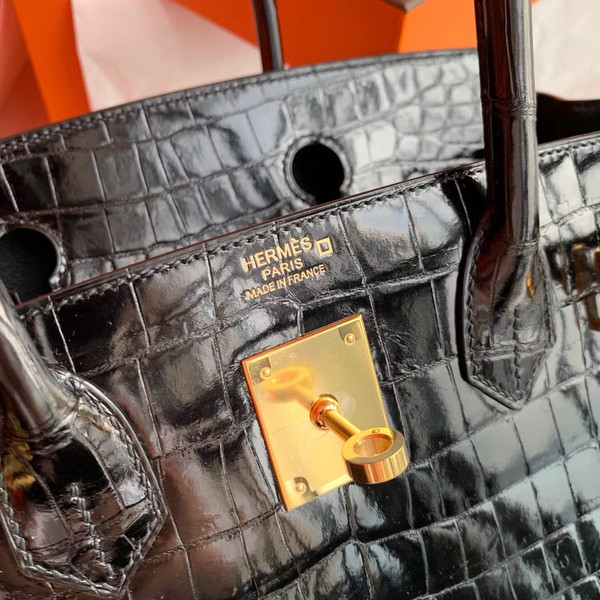 HERMES BIRKIN 30 BAG SHINY BLACK ALLIGATOR GOLD HARDWARE
