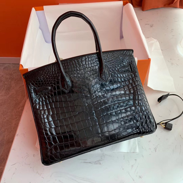 HERMES BIRKIN 30 BAG SHINY BLACK ALLIGATOR GOLD HARDWARE