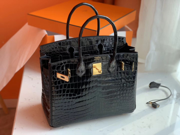 HERMES BIRKIN 30 BAG SHINY BLACK ALLIGATOR GOLD HARDWARE