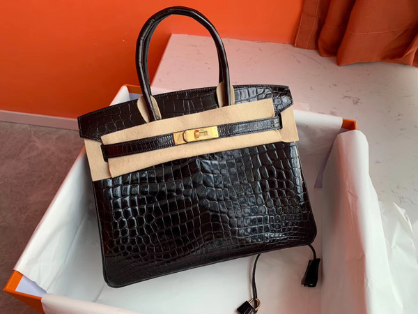 HERMES BIRKIN 30 BAG SHINY BLACK ALLIGATOR GOLD HARDWARE