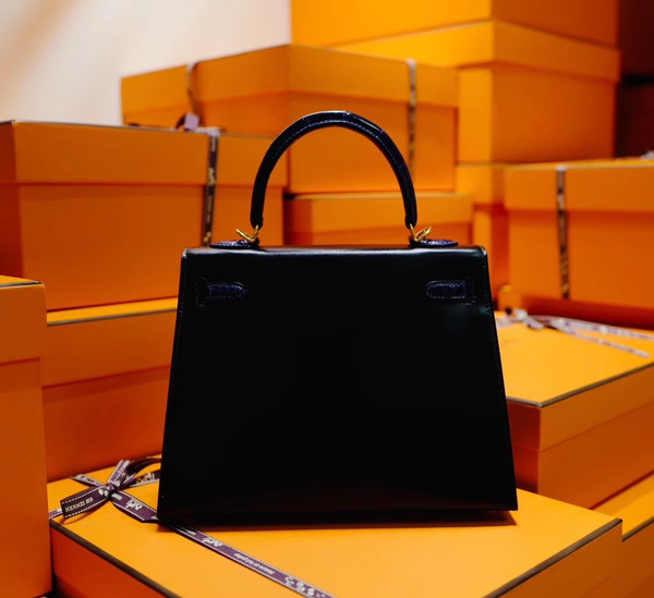 Hermès Special Order Black/ Blue  Electric Kelly 28 Box Leather  Gold Hardware with crocodile handle