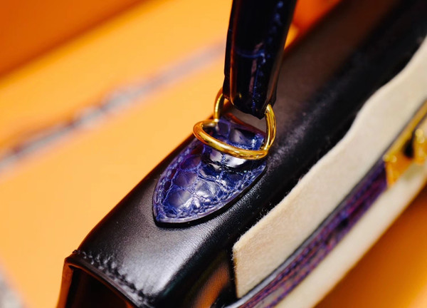 Hermès Special Order Black/ Blue  Electric Kelly 28 Box Leather  Gold Hardware with crocodile handle