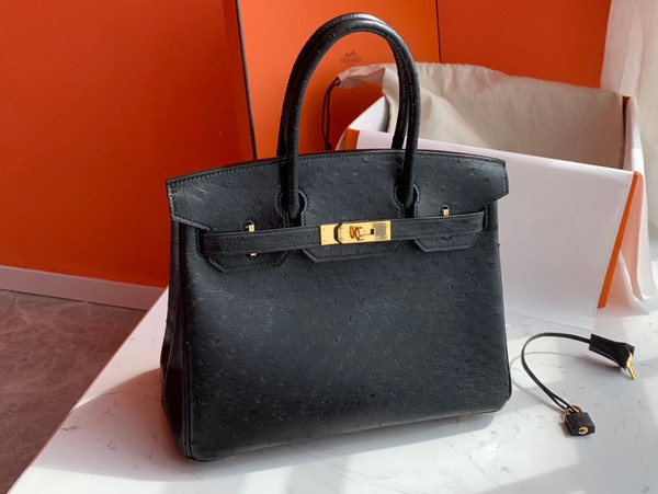 Hermes Black Birkin 30cm KK Ostrich Leather Gold Hardware