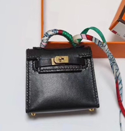 Hermes Tadelakt Mini Kelly Twilly Bag Charm Black with Gold Hardware
