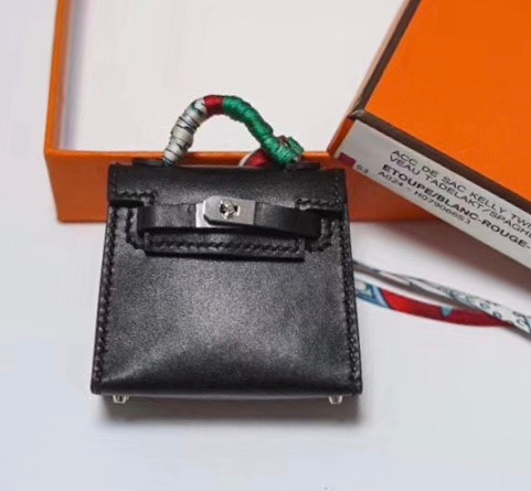 Hermes Tadelakt Mini Kelly Twilly Bag Charm Black with Palladium Hardware