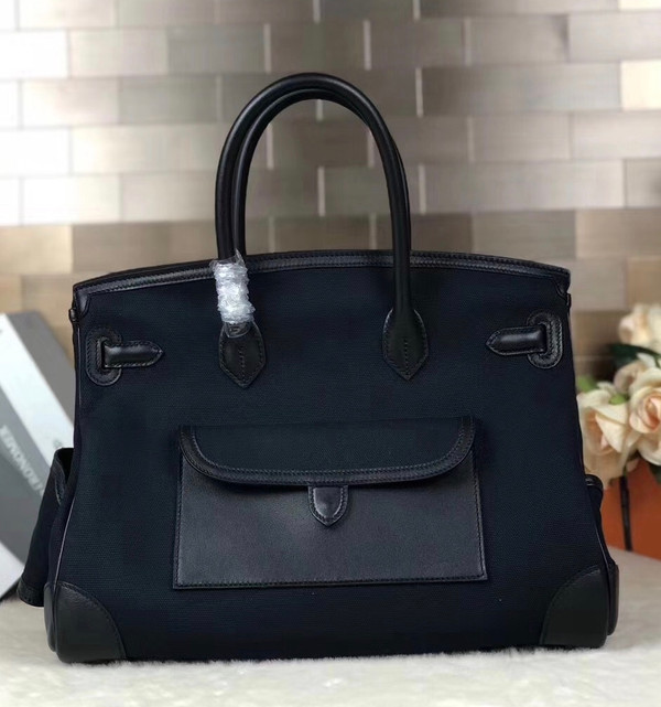 Hermes Limited Edition Cargo Birkin 35 cm Black Swift and Blue Thalassa canvas