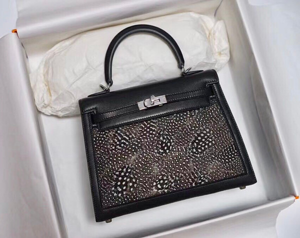 Hermes  FEATHER KELLY 32 Black Peacock feather & Box Leather with Palladium Hardware