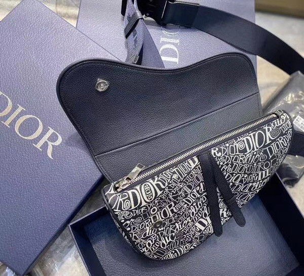 Christian Dior SADDLE BAG Navy Blue Grained Calfskin with DIOR AND SHAWN Motif