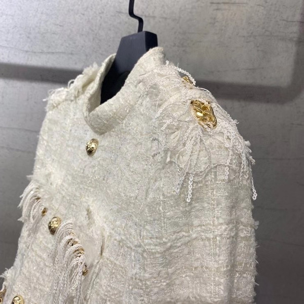 BALMAIN Short white tweed dress with gold-tone buttons and chains