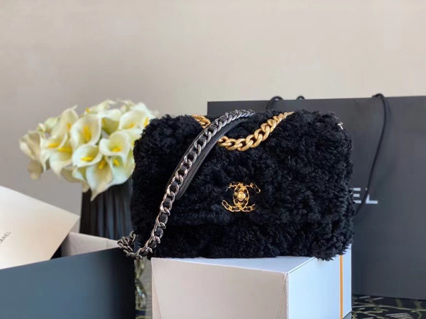 Chanel Shearling Sheepskin CHANEL 19 Flap Bag Black