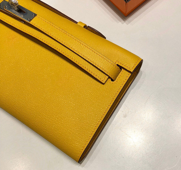 HERMES KELLY CUT CLUTCH BAG JAUNE D'or EPSOM PALLADIUM HARDWARE