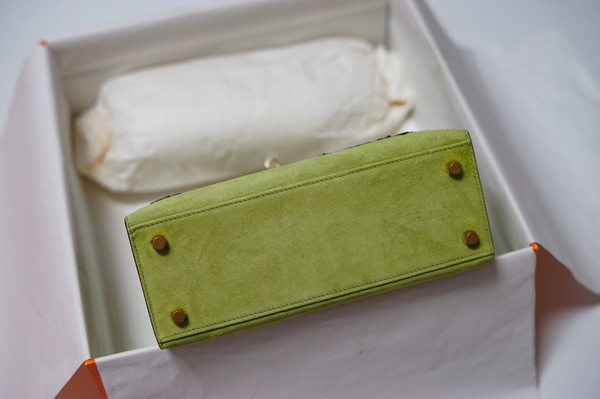 Hermes  FEATHER KELLY 25 Green Peacock feather & Suede  with Gold Hardware