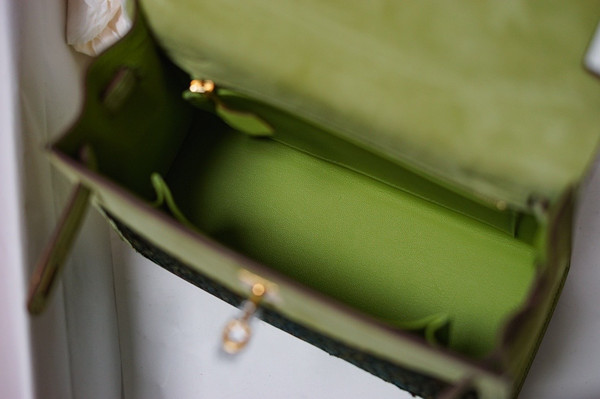 Hermes  FEATHER KELLY 25 Green Peacock feather & Suede  with Gold Hardware