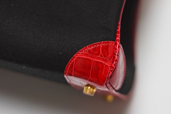 Hermes Birkin Touch 35 Red Shiny Niloticus Crocodile & Red Epsom leather / Black Toile with Gold Hardware