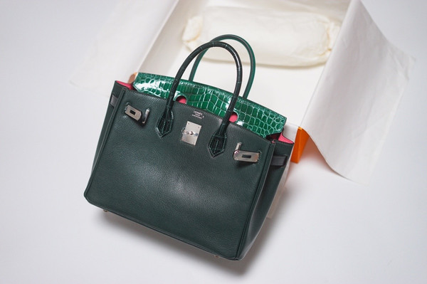 Hermes Birkin Touch 30 Green Porosus Crocodile & Rose Clemence leather with Palladium Hardware