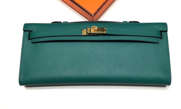 HERMES KELLY CUT CLUTCH BAG VERT FONCE EPSOM GOLD HARDWARE