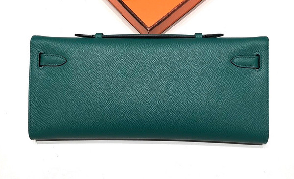 HERMES KELLY CUT CLUTCH BAG VERT FONCE EPSOM GOLD HARDWARE