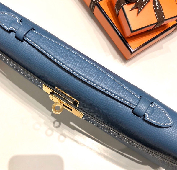 HERMES KELLY CUT CLUTCH BAG BLUE JEAN EPSOM GOLD HARDWARE