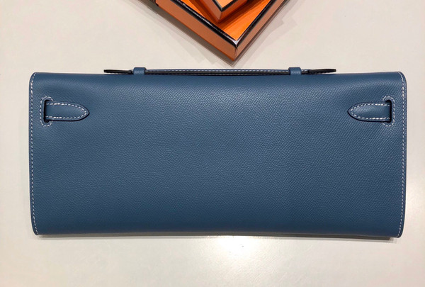 HERMES KELLY CUT CLUTCH BAG BLUE JEAN EPSOM GOLD HARDWARE
