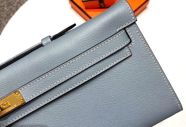 HERMES KELLY CUT CLUTCH BAG BLUE LIN EPSOM GOLD HARDWARE