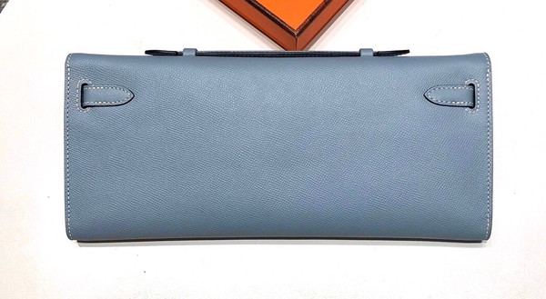 HERMES KELLY CUT CLUTCH BAG BLUE LIN EPSOM PALLADIUM HARDWARE