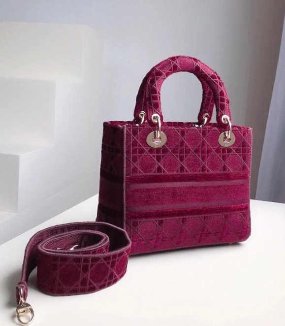 Christian Dior MEDIUM LADY D-LITE BAG Burgundy  Cannage Embroidered Velvet