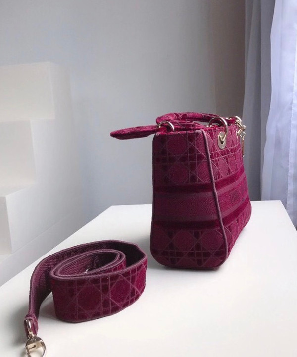 Christian Dior MEDIUM LADY D-LITE BAG Burgundy  Cannage Embroidered Velvet