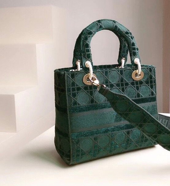 Christian Dior MEDIUM LADY D-LITE BAG Green Cannage Embroidered Velvet