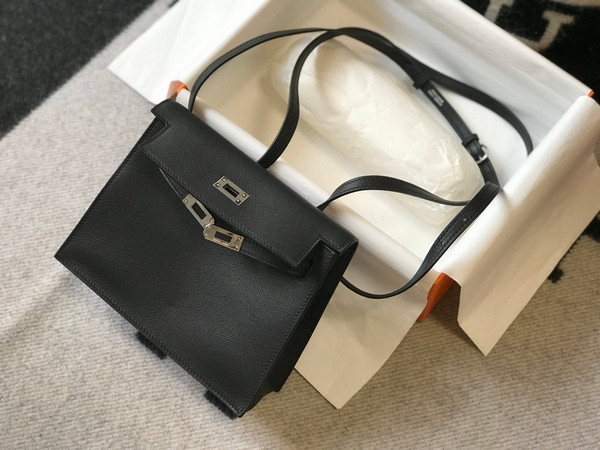 Hermes Black Kelly Danse Bag Swift Leather Palladium Hardware.