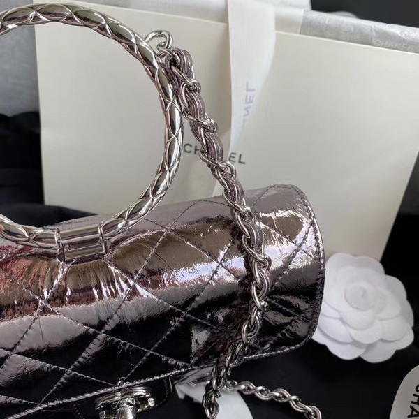 Chanel Limited Edition Metallic Crumpled Calfskin & Silver-Tone Metal Charcoal Flap Bag with Top Handle