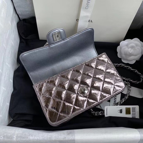 Chanel Limited Edition Metallic Crumpled Calfskin & Silver-Tone Metal Charcoal Flap Bag with Top Handle