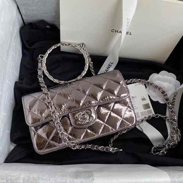 Chanel Limited Edition Metallic Crumpled Calfskin & Silver-Tone Metal Charcoal Flap Bag with Top Handle