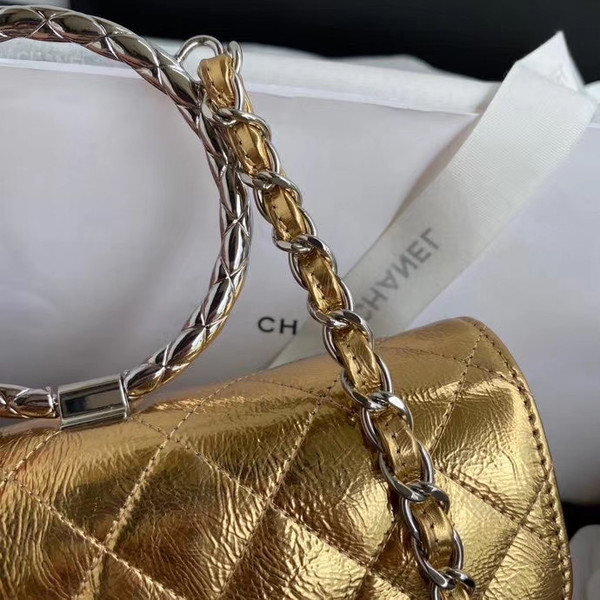Chanel Limited Edition Gold Metallic Crumpled Calfskin & Silver-Tone Metal Charcoal Flap Bag with Top Handle