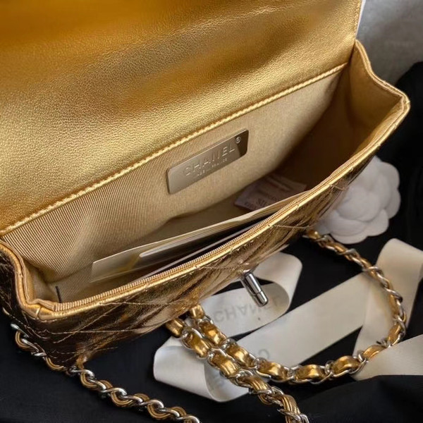 Chanel Limited Edition Gold Metallic Crumpled Calfskin & Silver-Tone Metal Charcoal Flap Bag with Top Handle