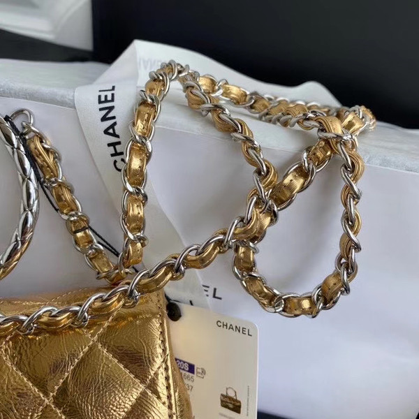 Chanel Limited Edition Gold Metallic Crumpled Calfskin & Silver-Tone Metal Charcoal Flap Bag with Top Handle