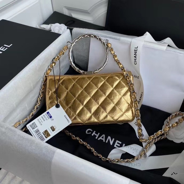 Chanel Limited Edition Gold Metallic Crumpled Calfskin & Silver-Tone Metal Charcoal Flap Bag with Top Handle