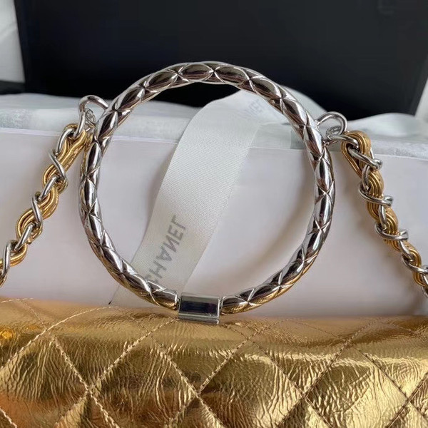 Chanel Limited Edition Gold Metallic Crumpled Calfskin & Silver-Tone Metal Charcoal Flap Bag with Top Handle