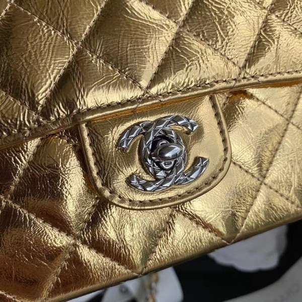 Chanel Limited Edition Gold Metallic Crumpled Calfskin & Silver-Tone Metal Charcoal Flap Bag with Top Handle