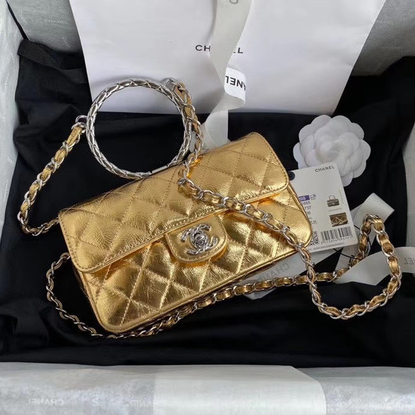 Chanel Limited Edition Gold Metallic Crumpled Calfskin & Silver-Tone Metal Charcoal Flap Bag with Top Handle