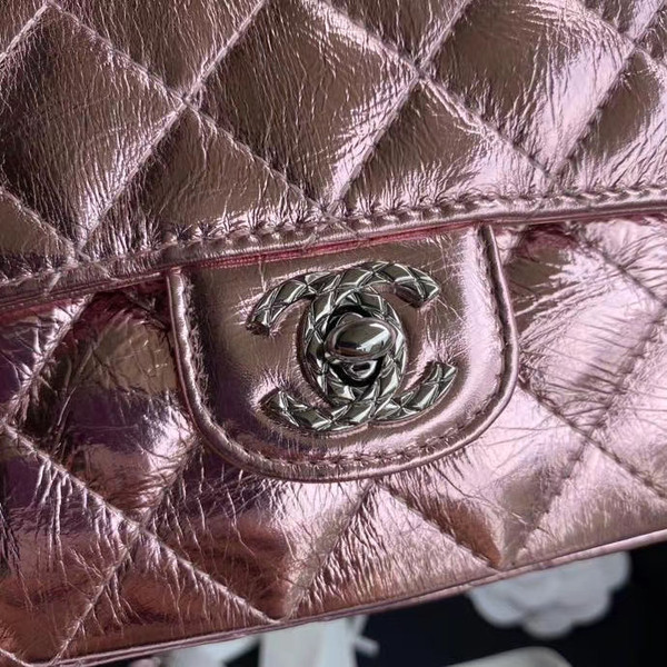 Chanel Limited Edition Pink Metallic Crumpled Calfskin & Silver-Tone Metal Charcoal Flap Bag with Top Handle