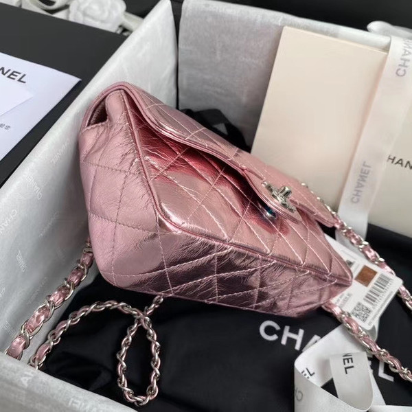 Chanel Limited Edition Pink Metallic Crumpled Calfskin & Silver-Tone Metal Charcoal Flap Bag with Top Handle