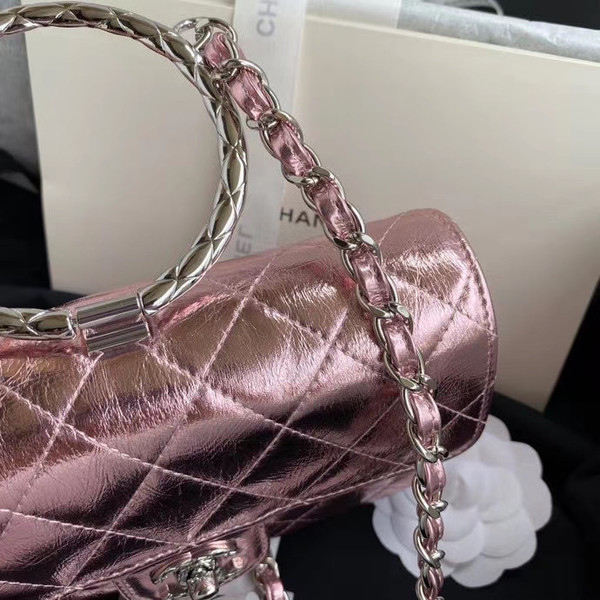 Chanel Limited Edition Pink Metallic Crumpled Calfskin & Silver-Tone Metal Charcoal Flap Bag with Top Handle
