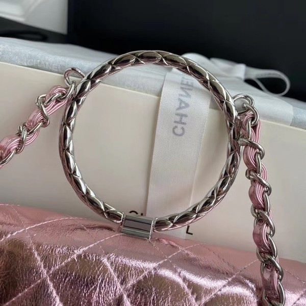 Chanel Limited Edition Pink Metallic Crumpled Calfskin & Silver-Tone Metal Charcoal Flap Bag with Top Handle
