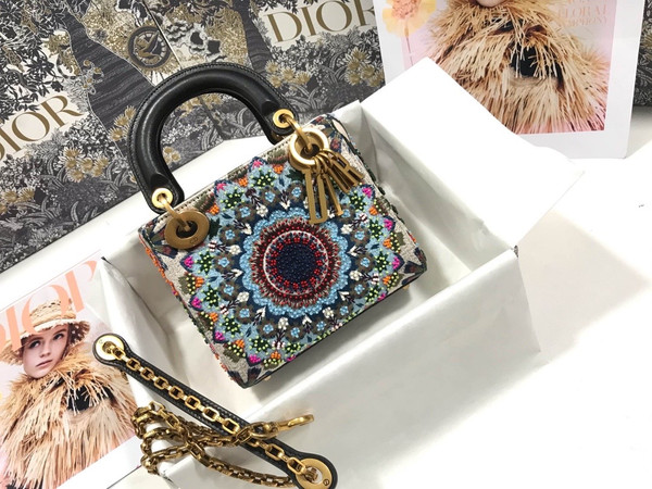 Christian Dior MEDIUM LADY DIOR BAG Black Printed Calfskin with Multicolor Dior In Lights Pearl and Thread Embroidery