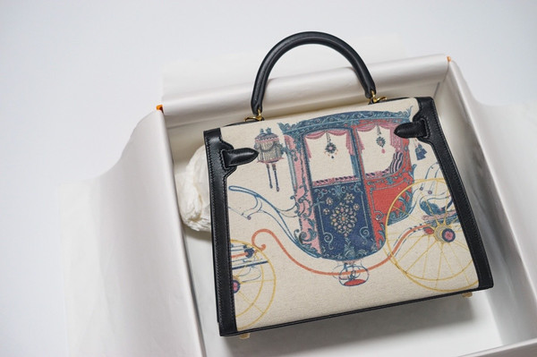 Hermes Black Kelly Bag Box Leather Horse Print Toile GHW 32 cm