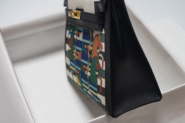 Hermes Black Kelly Bag Box Leather Horse Print Toile GHW 32 cm