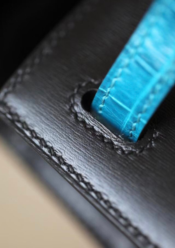 Hermes Special Order 7W Bleu Izmir/ Black Kelly 28 with Crocodile Niloticus and Box Leather